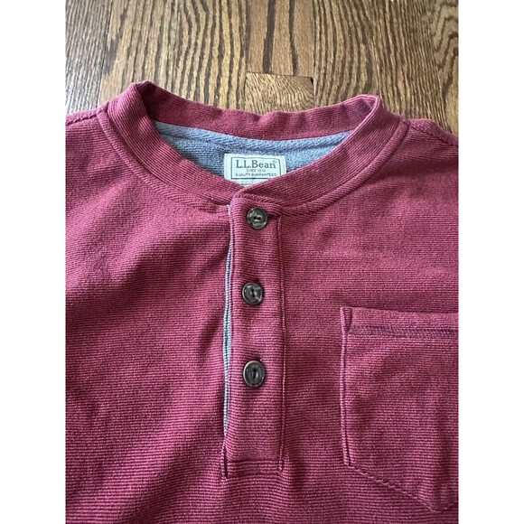 LL Bean Sweater Mens Large Red‎ Maroon Stripe Henley Fleece Pocket Outdoor EUC - Picture 2 of 8